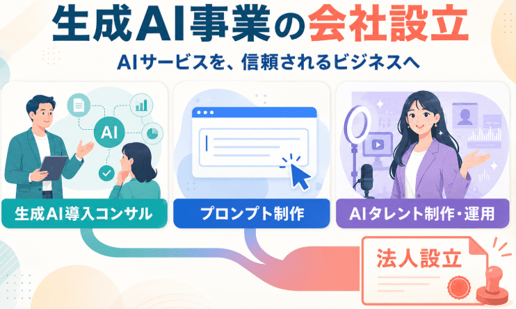 生成AI導入コンサル・プロンプト制作・AIタレント制作・運用の法人設立による信頼力アップの説明画像