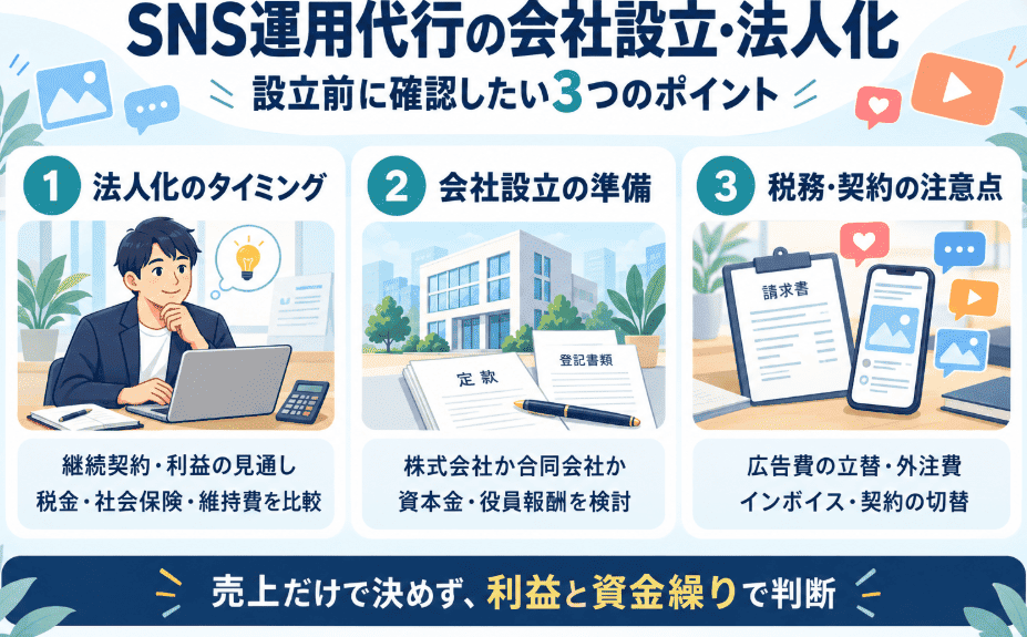 SNS運用代行の会社設立・法人化で確認したい3つのポイント。法人化のタイミング、会社設立の準備、税務・契約の注意点を解説。