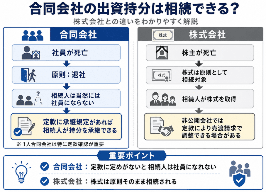 合同会社の出資持ち分の相続について、株式会社との違いを示した表