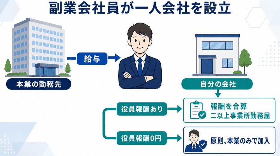 副業会社員が一人会社を設立し、役員報酬を受け取る場合の社会保険手続きを解説した図