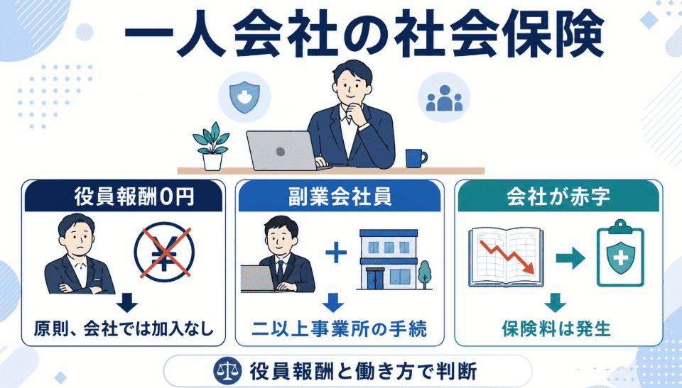 一人会社の社会保険を役員報酬0円・副業会社員・会社が赤字の3ケースで解説した図
